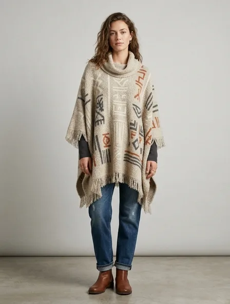 Casual poncho on a model: relaxed fits, comfortable fabrics, easy styling