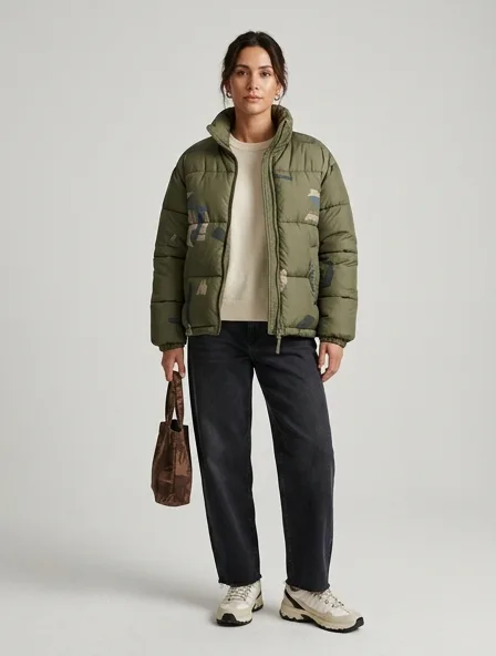 Casual puffer jacket on a model: relaxed fits, comfortable fabrics, easy styling