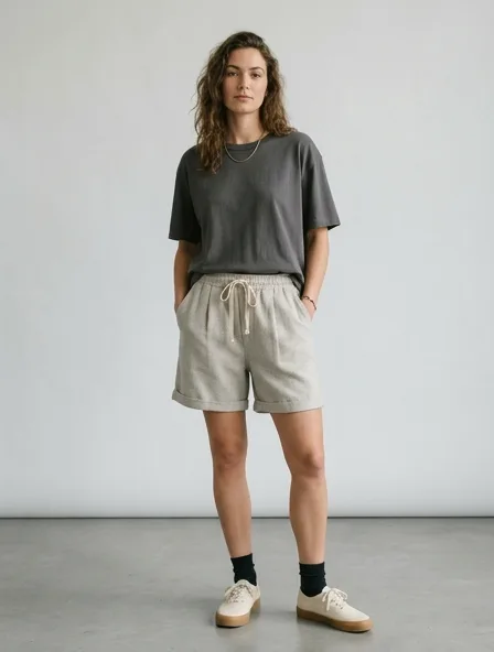 Casual shorts on a model: relaxed fits, comfortable fabrics, easy styling