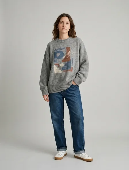 Casual sweater on a model: relaxed fits, comfortable fabrics, easy styling