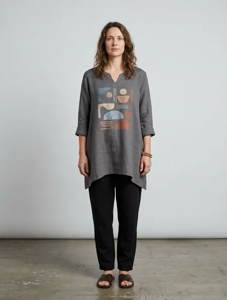 Casual tunic on a model: relaxed fits, comfortable fabrics, easy styling