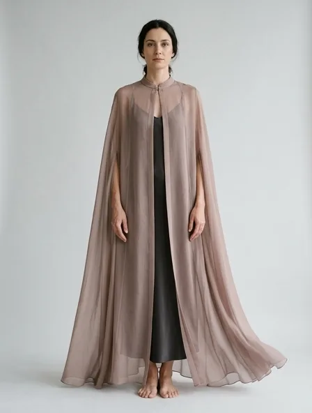 Cape in chiffon, on a model in a studio