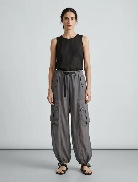 Cargo pants in chiffon, on a model in a studio