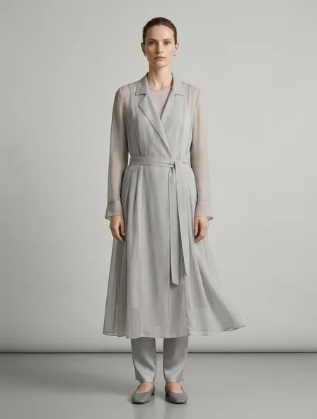 Coat in chiffon, on a model in a studio