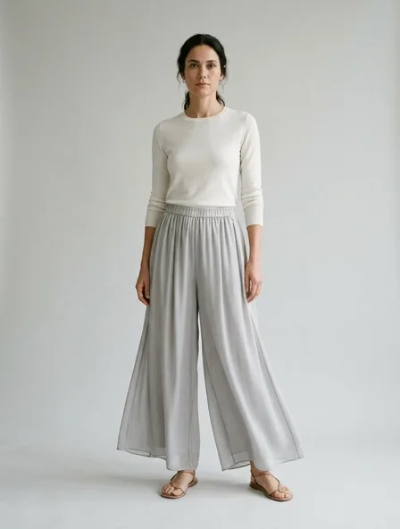 Culottes in chiffon, on a model in a studio