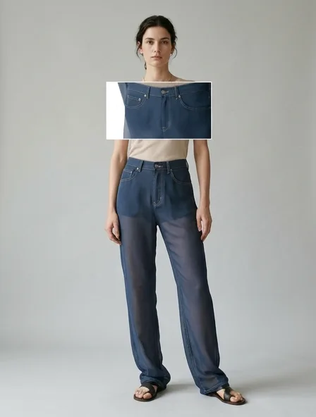 Jeans in chiffon, on a model in a studio