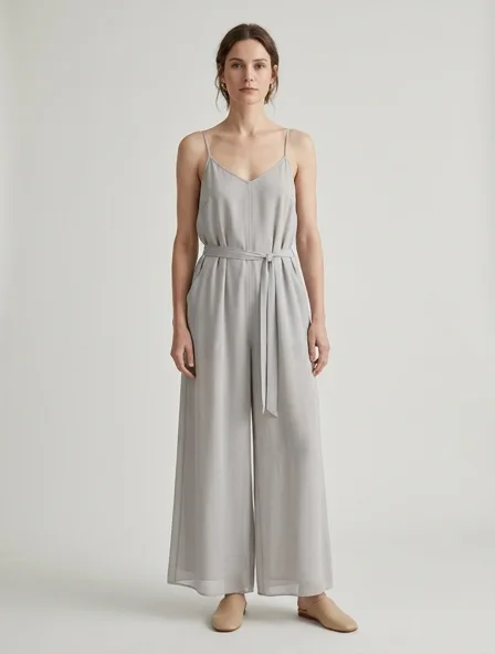 Overalls in chiffon, on a model in a studio