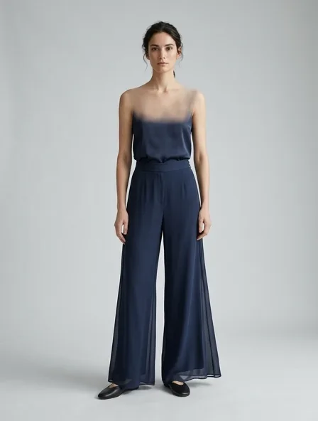 Pants in chiffon, on a model in a studio