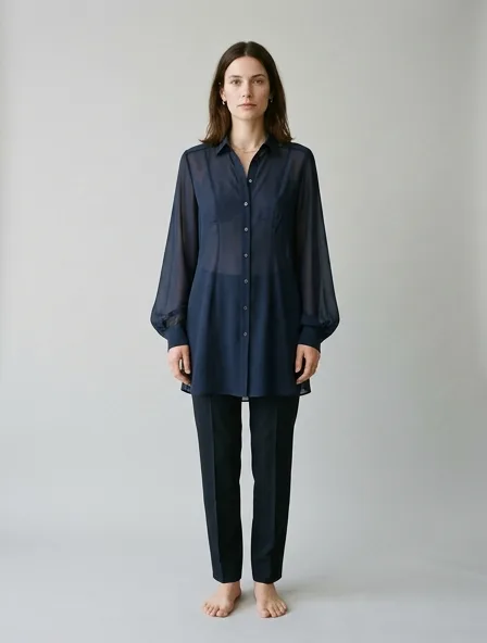Shirt in chiffon, on a model in a studio