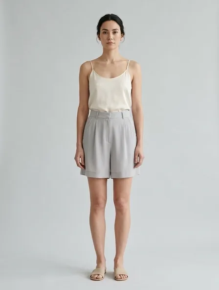 Shorts in chiffon, on a model in a studio