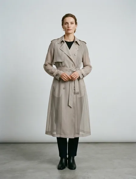 Trench coat in chiffon, on a model in a studio