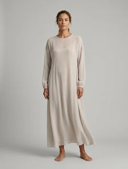 Tunic in chiffon, on a model in a studio