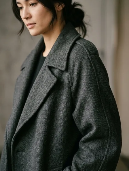 Coat fabric close-up showing drape and texture