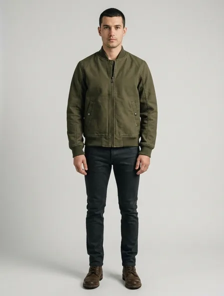 Bomber jacket in cotton canvas, on a model in a studio
