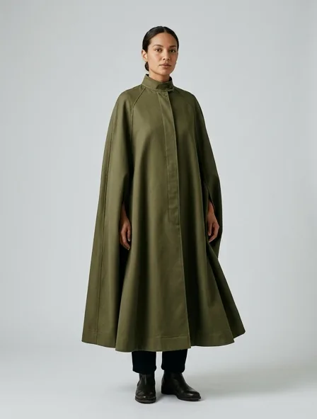 Cape in cotton gabardine, on a model in a studio