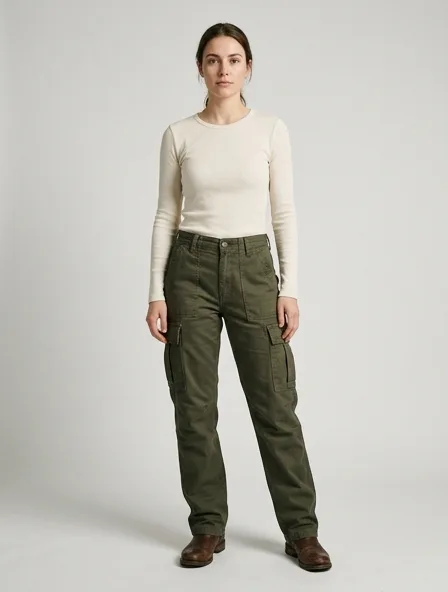 Cargo pants in cotton twill, on a model in a studio