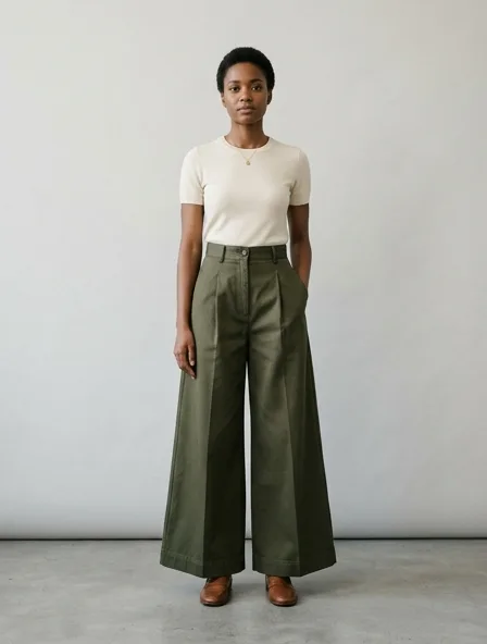Culottes in cotton twill, on a model in a studio