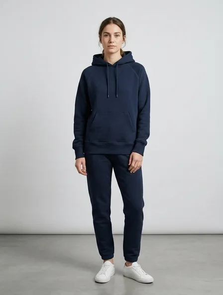 Hoodie in loopback cotton fleece, on a model in a studio