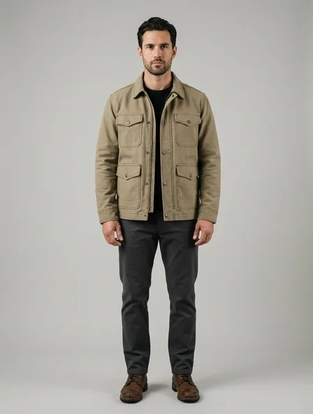 Jacket in cotton canvas, on a model in a studio