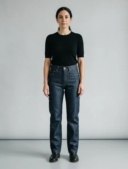 Jeans in cotton twill, on a model in a studio