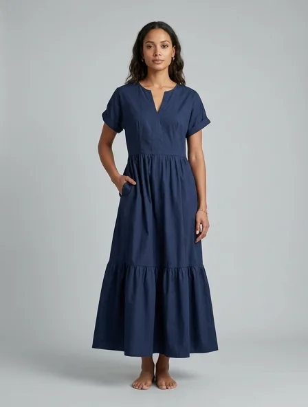 Maxi dress in cotton poplin, on a model in a studio