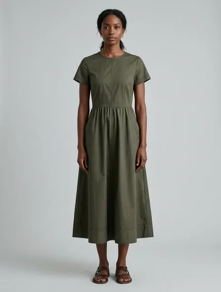 Midi dress in cotton poplin, on a model in a studio
