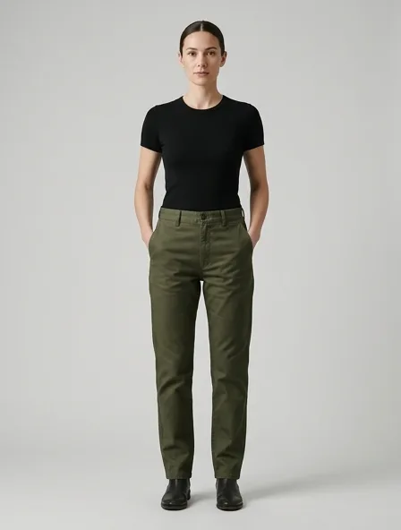 Pants in cotton twill, on a model in a studio