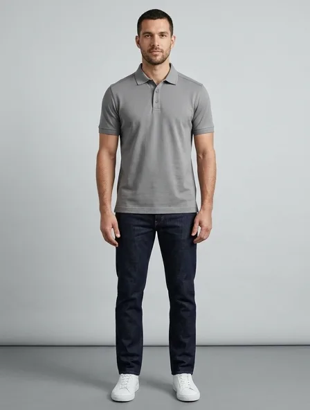 Polo shirt in cotton jersey, on a model in a studio