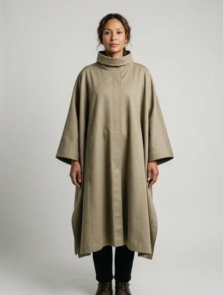 Poncho in cotton gabardine, on a model in a studio