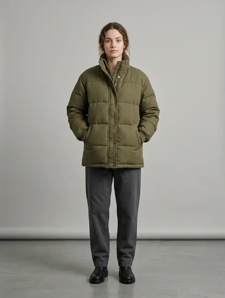 Puffer jacket in cotton canvas, on a model in a studio