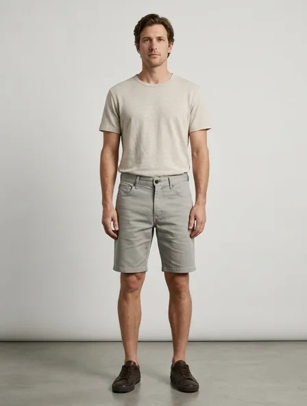 Shorts in cotton twill, on a model in a studio