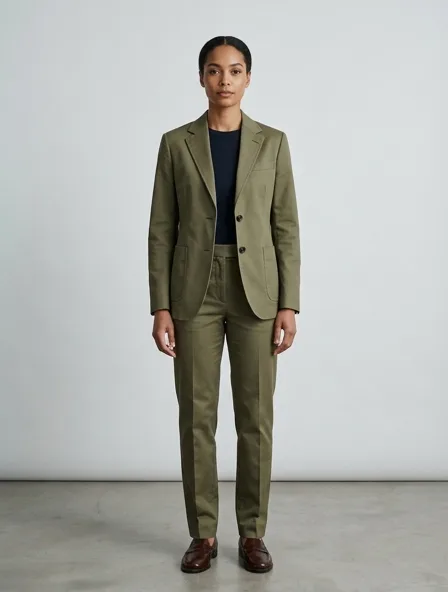 Suit in cotton twill, on a model in a studio