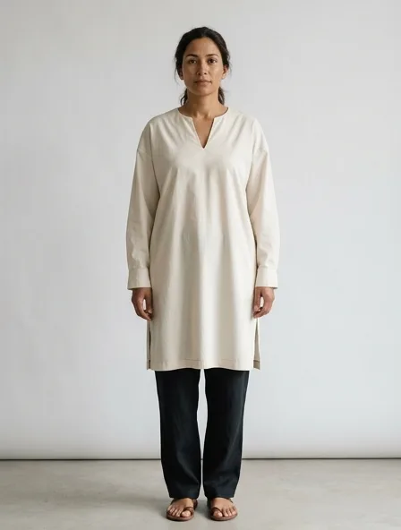 Tunic in cotton poplin, on a model in a studio