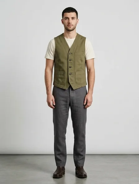 Vest in cotton twill, on a model in a studio