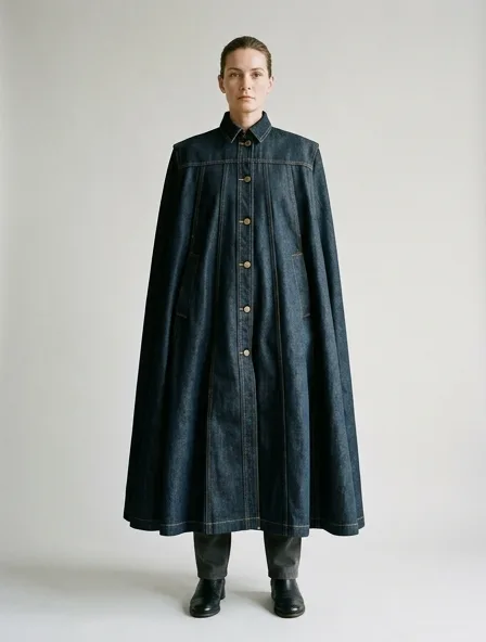 Cape in rigid denim, on a model in a studio