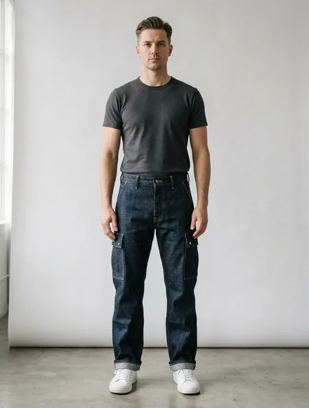 Cargo pants in rigid denim, on a model in a studio