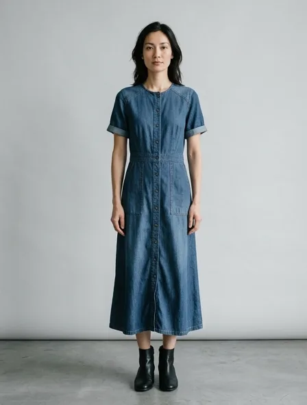 Dress in lightweight denim, on a model in a studio