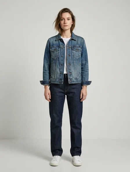 Denim jacket design concept, rendered in a studio