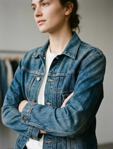 Denim jacket fabric close-up showing drape and texture