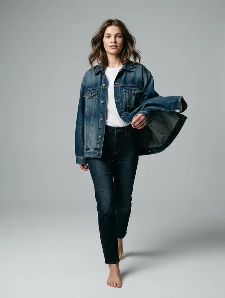 Denim jacket in motion, a still from a product film