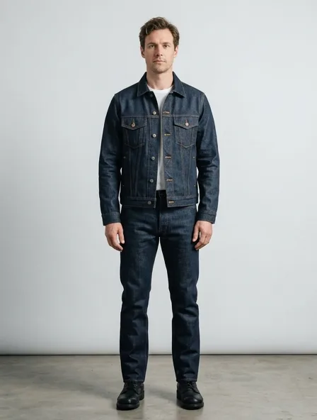 Jacket in rigid denim, on a model in a studio