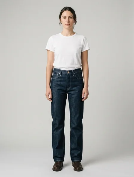 Jeans in rigid denim, on a model in a studio