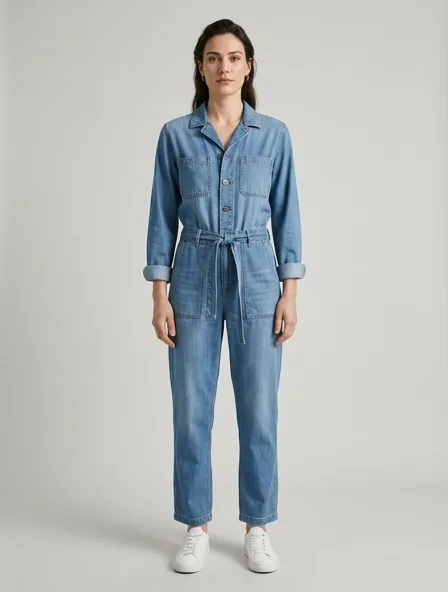 Jumpsuit in lightweight denim, on a model in a studio