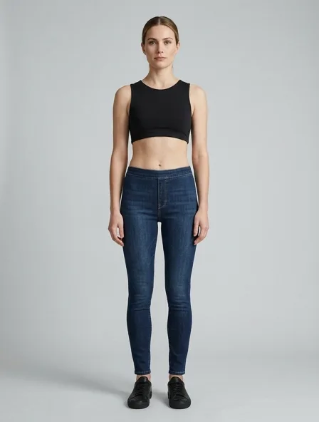 Leggings in stretch denim, on a model in a studio