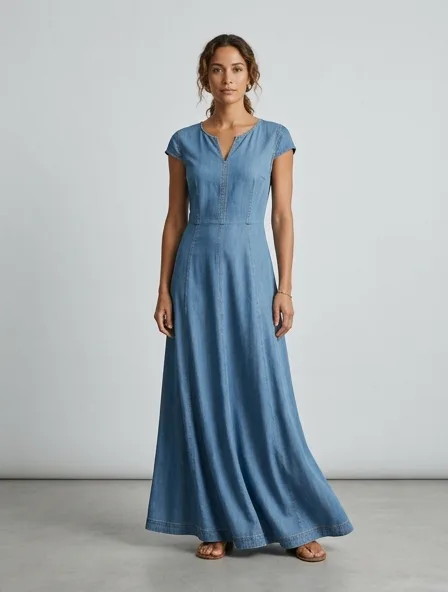 Maxi dress in lightweight denim, on a model in a studio