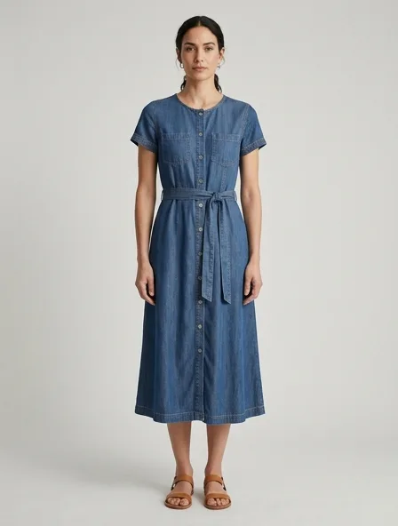 Midi dress in lightweight denim, on a model in a studio