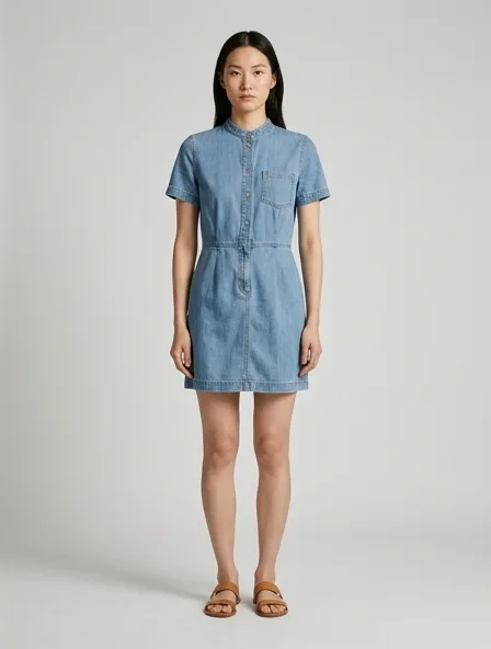 Mini dress in lightweight denim, on a model in a studio