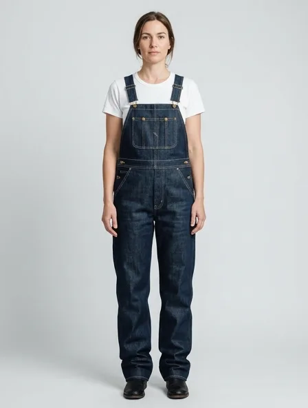 Overalls in rigid denim, on a model in a studio