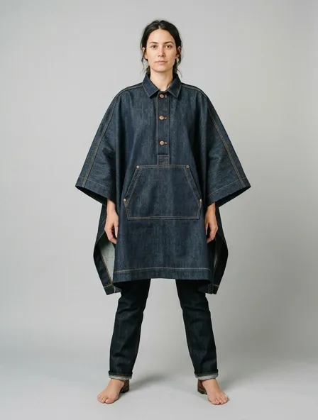 Poncho in rigid denim, on a model in a studio