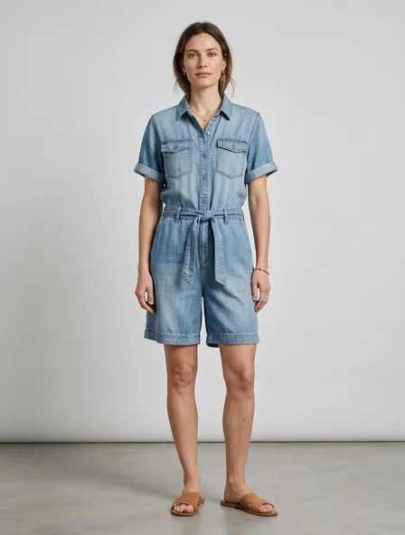 Romper in lightweight denim, on a model in a studio